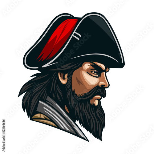 AI generated pirate or corsair captain mascot in tricorne hat, vector generative AI. Cartoon character or head of sailor man, captain or corsair pirate with beard, club team mascot in AI generative