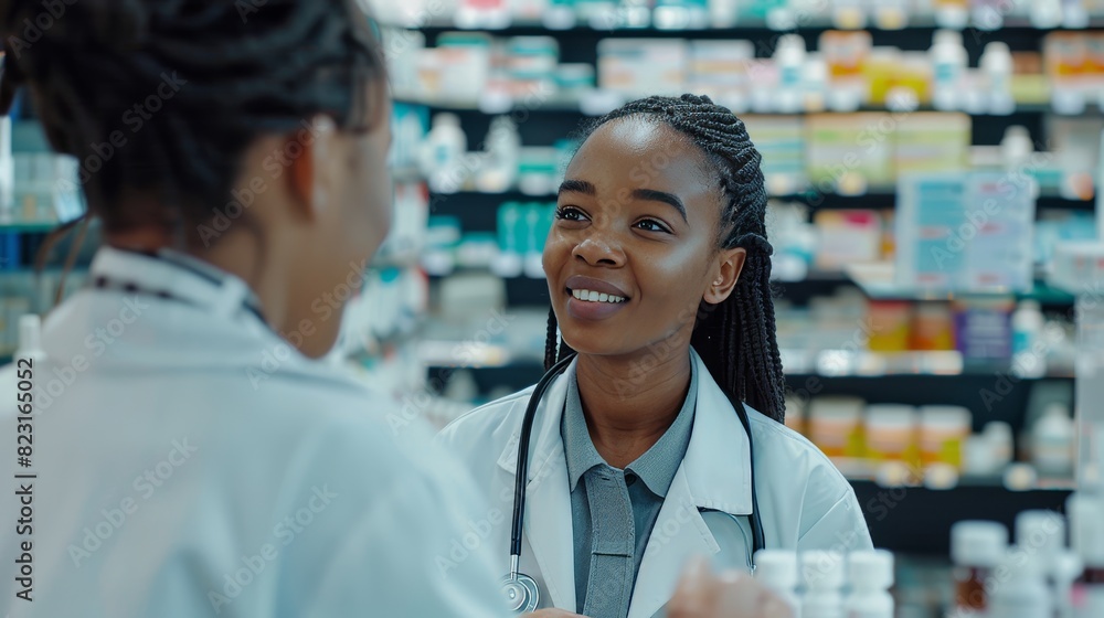 Beautiful Black Female Customer Gets Medicine Recommendations, Advice, Talking from Professional Caucasian Pharmacist. Drugstore with Various Drugs, Pills, Health Care, Beauty Products. Beautiful Black Female Customer Gets Medicine Recommendations, Advice, Talking from Professional Caucasian Pharmacist. Drugstore with Various Drugs, Pills, Health Care, Beauty Products.