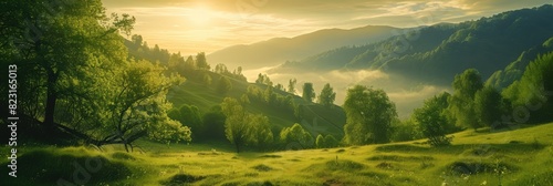 Serene Sunrise Over Green Hills and Misty Mountains