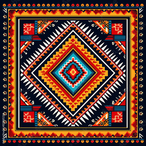 print design in the style of ethnic carpet patterns, Aztec art and African textile designs. Red blue yellow orange