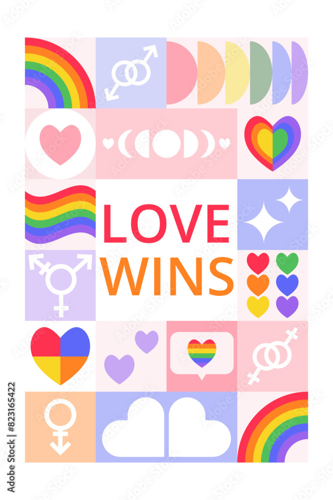 Geometric celebration card for Pride Month with text Love wins. Trendy design with simple shapes. Icons with different hearts, gender symbols, rainbow.  Layout for card, poster, advertising, banner