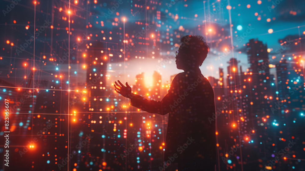 Smart city background with a businessman interacting with virtual network connections Smart city background with a businessman interacting with virtual network connections