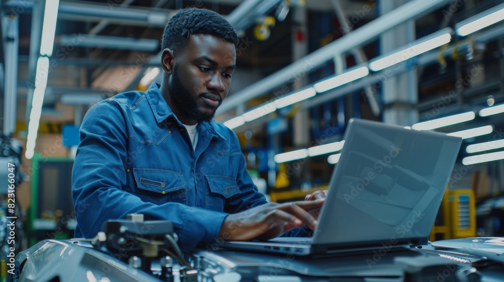 Young African American engineer with laptop computer working in an office at a car assembly plant. Industrial specialist at a technological development center working on vehicle parts. Young African American engineer with laptop computer working in an office at a car assembly plant. Industrial specialist at a technological development center working on vehicle parts.