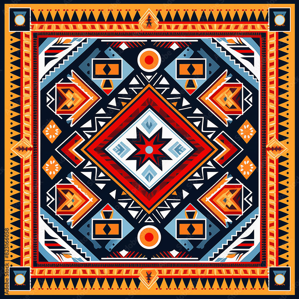 print design in the style of ethnic carpet patterns, Aztec art and African textile designs. Red blue yellow orange print design in the style of ethnic carpet patterns, Aztec art and African textile designs. Red blue yellow orange