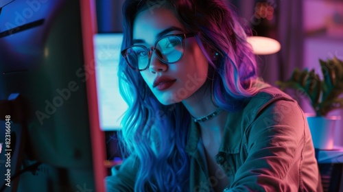 Young Stylish Freelancer Woman Working in Office Late at Night. Blue Haired Person Creating Modern Content, Designing Projects, Creating Colorful Marketing and Smiling for Camera. © Антон Сальников