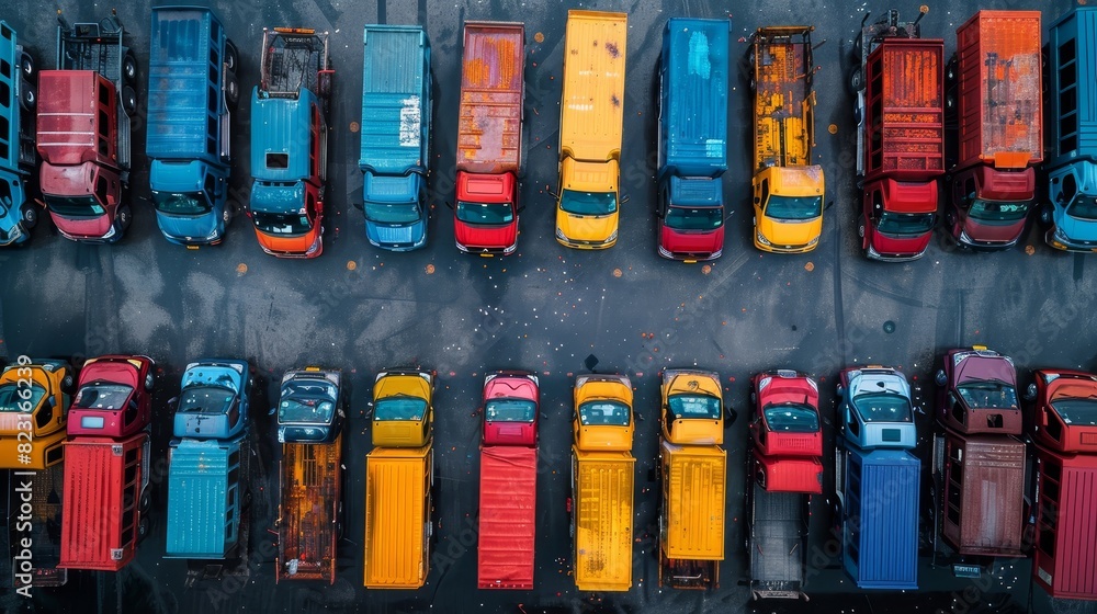 A row of red and blue semi trucks are parked in a lot A row of red and blue semi trucks are parked in a lot