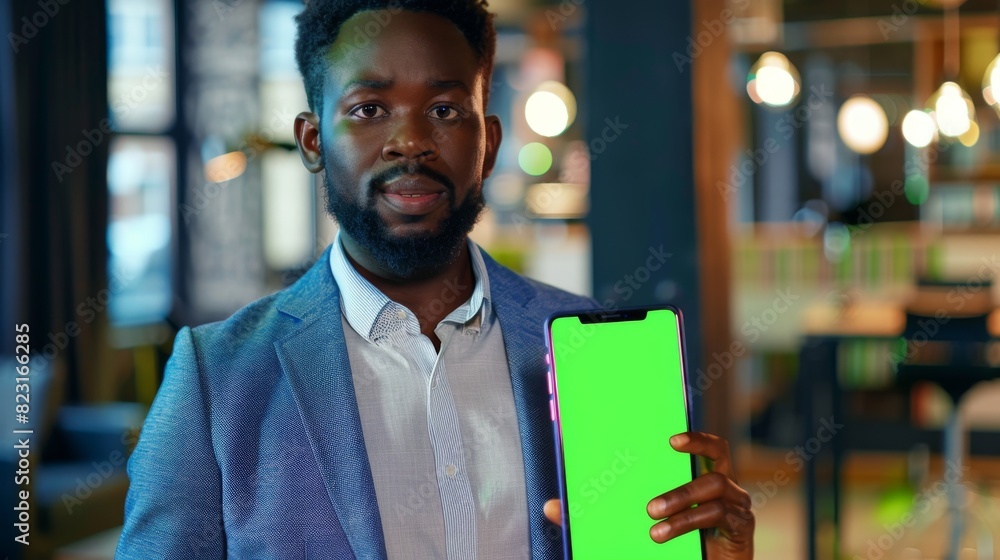 Fototapeta premium Businessman using green screen chroma key smartphone in office. African-American Businessperson on the Internet, using social media, online shopping with mobile phone device. Overhead.
