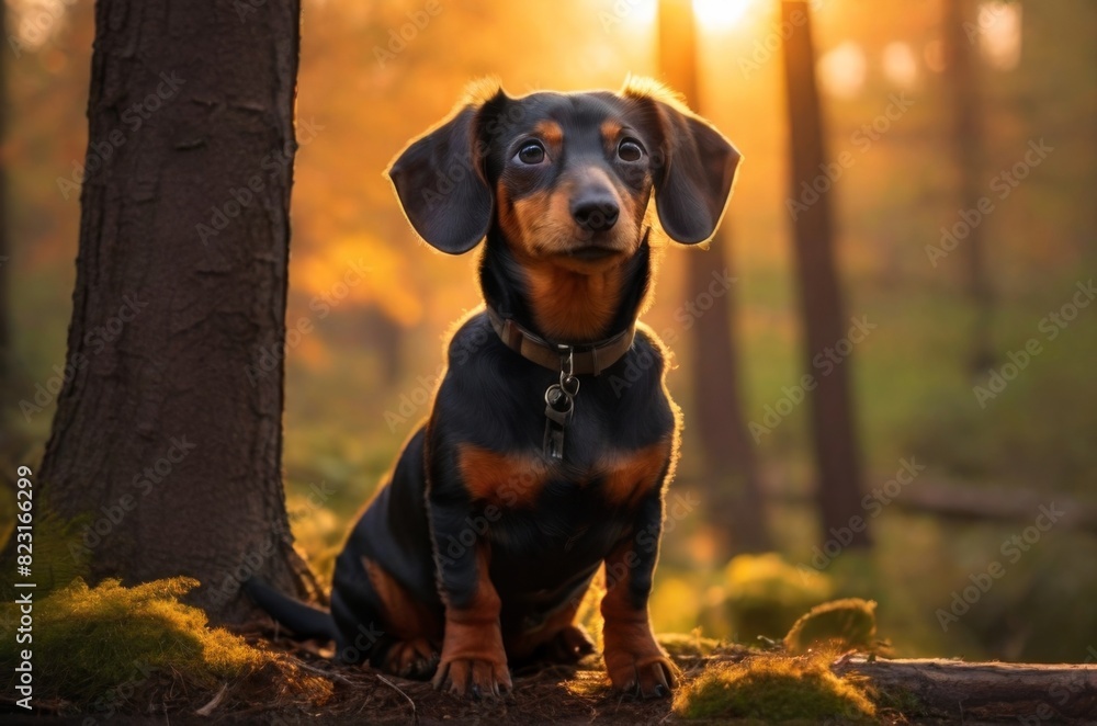 Dachshund dog, Professional wild life photography, in forest, sunset bokeh blur background, animals & birds, cinematic, wallpaper