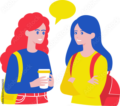 Concept of conversation. Girls have fun talking to each other, friends discuss latest news, students talk about rumors and gossip. Dialogue, team and communication. Cartoon flat vector illustration