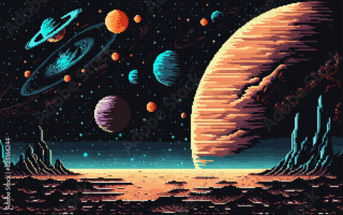 Generative ai. Alien space planet surface landscape. Ai generated 8 bit pixel art game scene. Jagged mountains tower over pixelated deserted land, celestial spheres in dark sky casting ethereal glow