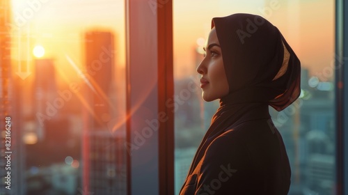 Confident Female Digital Entrepreneur Planning Investment Strategy for e-Commerce Startup Standing in Office Wearing Suit and Burka Looking out of Window on Big City.