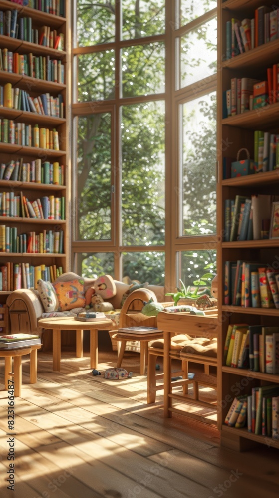 Cozy reading nook in a sunlit room with large windows, surrounded by bookshelves filled with books, and comfortable seating.