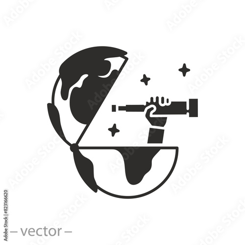 international vision icon, global future of the look, explore world, open globe with spyglass, flat symbol on white background - vector illustration