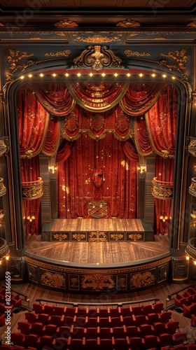Elegant theater interior with red velvet curtains, ornate decorations, and seating rows. Perfect for performing arts, theater, or opera themes.