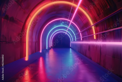Glowing colorful neon lights in a dark tunnel