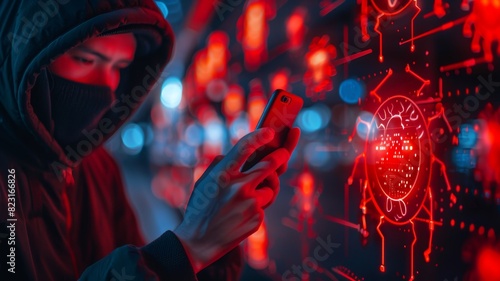 Hacker with a hood and mask using a smartphone in front of a digital screen with a cyber bug symbol, illustrating cyber security threats.