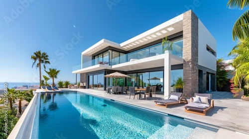 an infinity pool on a stone terrace with a modern house  © Muhammad