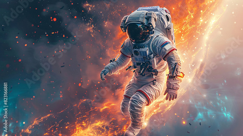 Fototapeta Naklejka Na Ścianę i Meble -  Attractive astronaut on a mission, with a glowing purple space background