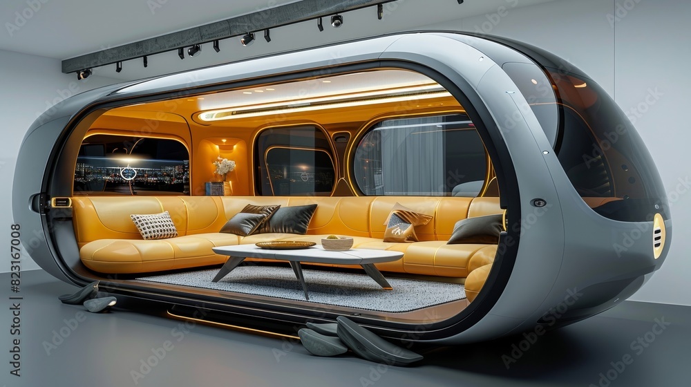 Obraz premium A futuristic space shuttle with a large screen and a view of the ocean