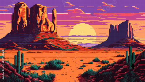 Generative ai wild west western desert and mountains landscape. 8Bit pixel art game scene. 2d Arizona canyon at sunset nature background in pixelated art style, with rocks, red soil and cacti