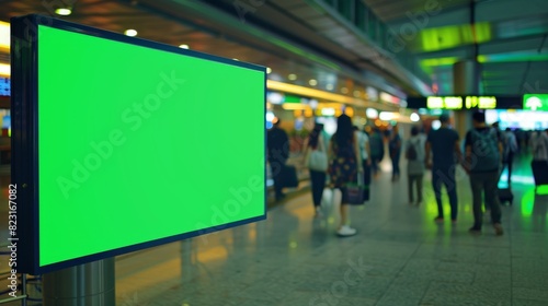 Terminal: A green screen advertisement billboard, a Chroma Key arrival display, a mock-up of an advertisement space on a background of people waiting for their flights at the airline hub's boarding