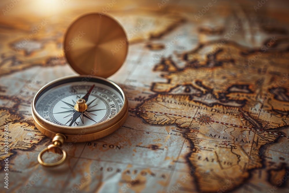 Close-up of a vintage compass placed on an old world map. Represents navigation, exploration, travel, and adventure. Perfect for historical or travel themes.