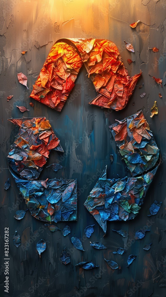 Fototapeta premium Recycling symbol made of colorful broken glass pieces.