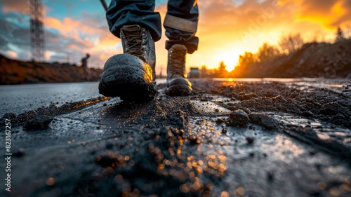 Close-up of boots walking through a muddy construction site at sunset. Dramatic sky and vibrant colors create a striking scene. photo