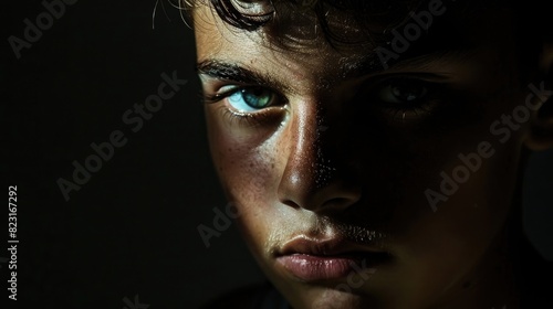 Young man portrait in high contrast dark background
