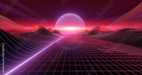 Synthwave landscape with a pink sun and a laser grid.