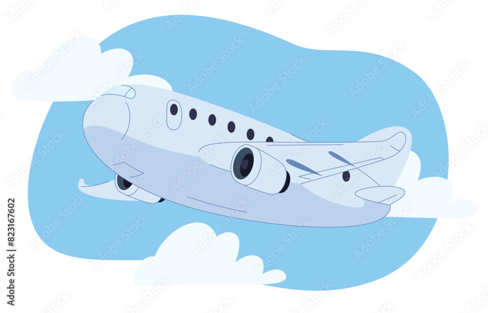 Obraz premium Airplane in cartoon style on the background of the sky. Cute colorful air transport. Beautiful baby illustration. Vector illustration
