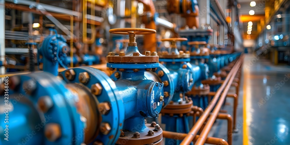 Chemical factory pipes and valves transport chemicals between different areas. Concept Chemical Reactions, Industrial Processes, Material Handling, Safety Protocols, Environmental Impact