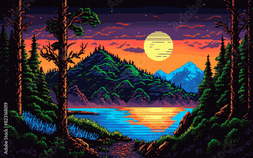 8 bit pixel art night mountain lake landscape. Ai generated game scene background, featuring conifers, vibrant pixelated dusk sky with stars and clouds over the tranquil pond and towering rock peaks