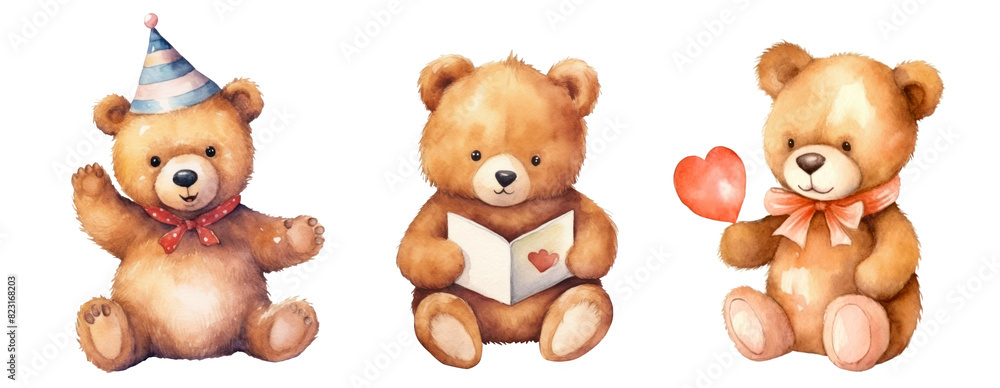 Watercolor teddy bear png element set on transparent background Watercolor teddy bear png element set on transparent background
