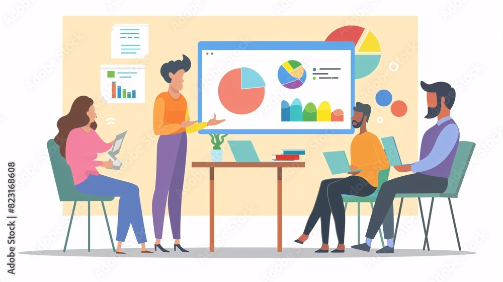 A professional LGBTQ+ identifying executive giving a presentation with a digital slideshow, as diverse team members listen and collaborate A professional LGBTQ+ identifying executive giving a presentation with a digital slideshow, as diverse team members listen and collaborate