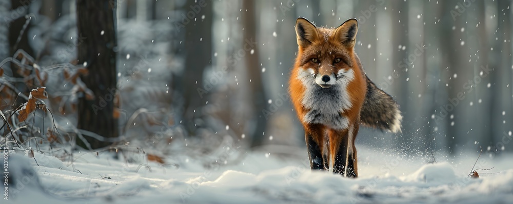 Obraz premium Stealthy Red Fox Hunting in Snowy Winter Forest Landscape