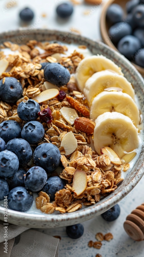 A bowl filled with crunchy granola topped with fresh blueberries and slices of ripe banana. The concept of a healthy breakfast. A bowl filled with crunchy granola topped with fresh blueberries and slices of ripe banana. The concept of a healthy breakfast.