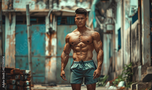 A handsome ultra muscular guy wearing gym shorts. Street photography photo