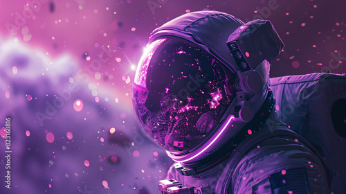Fototapeta Naklejka Na Ścianę i Meble -  Attractive astronaut on a mission, with a glowing purple space background