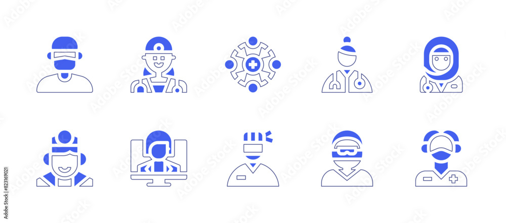 Doctor icon set. Duotone style line stroke and bold. Vector illustration. Containing doctor, organization, transplantologist, man, surgeon.