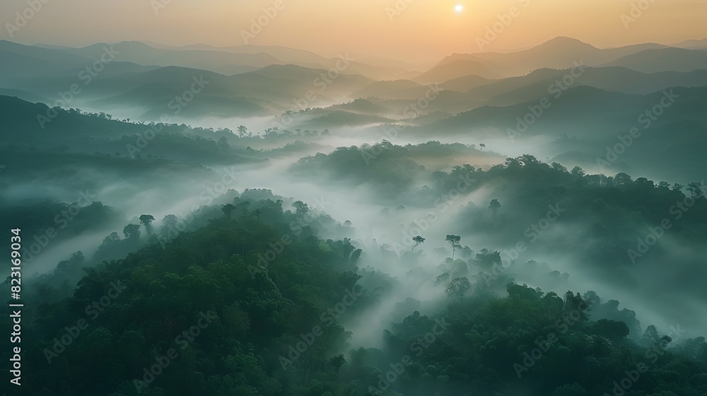 Misty Mountain Sunrise Layers of Hills Emerging Through Hazy Atmosphere