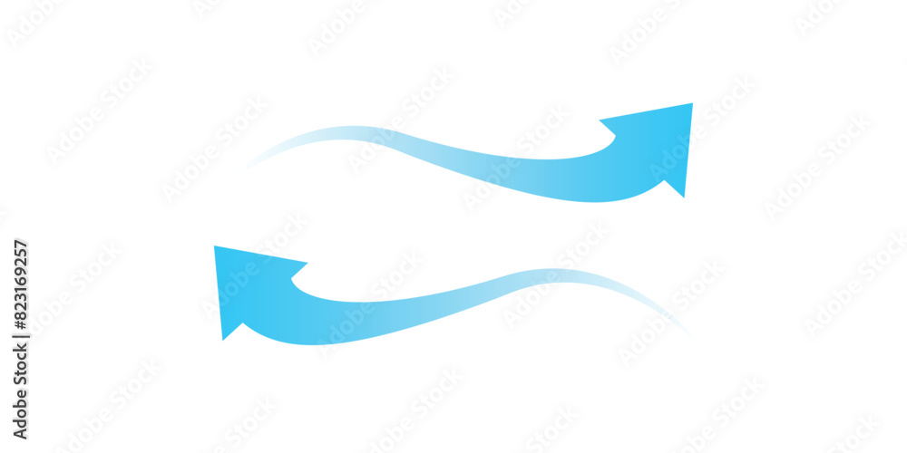 Air flow. Set of blue arrows showing direction of air movement. Wind direction arrows. Blue cold fresh stream from the conditioner, isolated with white background.