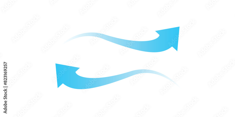 Air flow. Set of blue arrows showing direction of air movement. Wind direction arrows. Blue cold fresh stream from the conditioner, isolated with white background. Air flow. Set of blue arrows showing direction of air movement. Wind direction arrows. Blue cold fresh stream from the conditioner, isolated with white background.