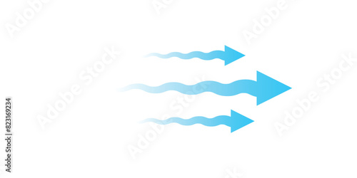 Air flow. Set of blue arrows showing direction of air movement. Wind direction arrows. Blue cold fresh stream from the conditioner, isolated with white background.