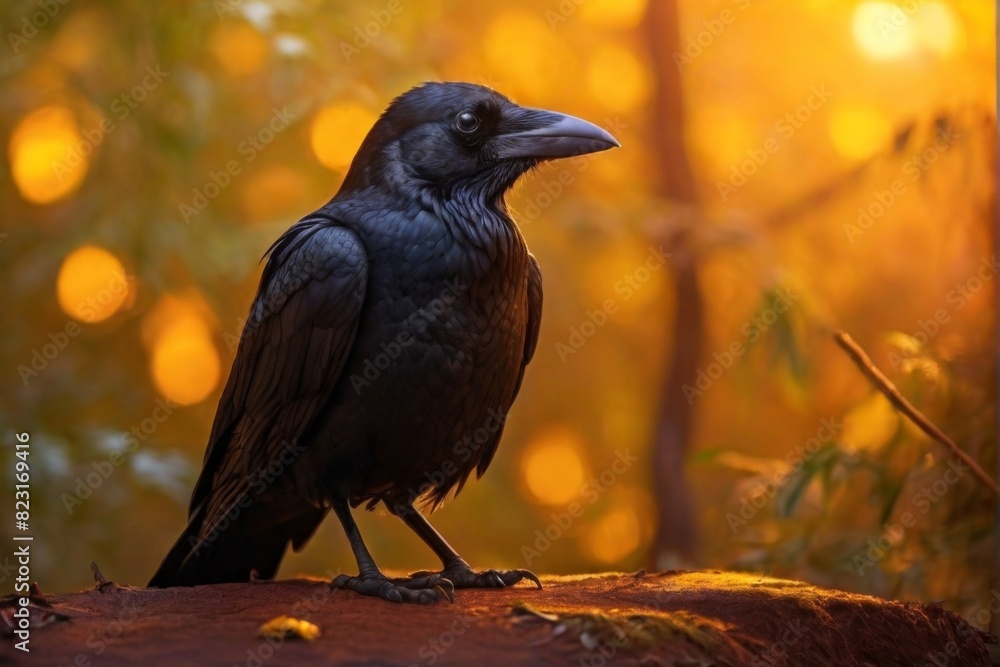 Raven, Professional wild life photography, in forest, sunset bokeh blur background, animals & birds, cinematic, wallpaper Raven, Professional wild life photography, in forest, sunset bokeh blur background, animals & birds, cinematic, wallpaper