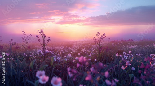 a field of purple and white flowers with the sun rising or setting in the background © Muhammad