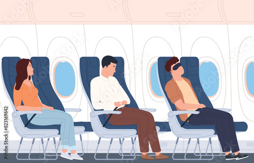 Interior design of an airplane cabin with passengers. Airplane cabin with passenger seats and portholes. Vector illustration