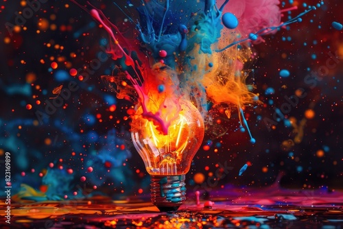 A Creative Light Bulb Explodes with Colorful Paint