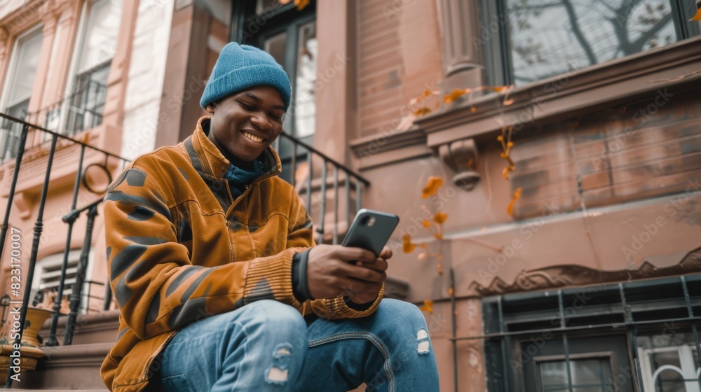 In a Brooklyn style brownstone house, a young African American man is sitting on his windowsill using his smartphone.