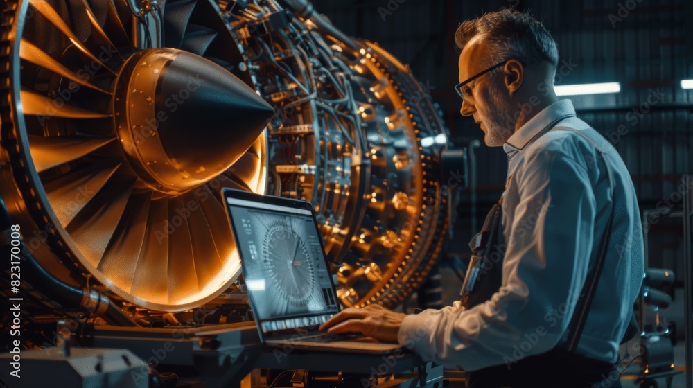 An industrial engineer is working on a futuristic jet engine in a ...